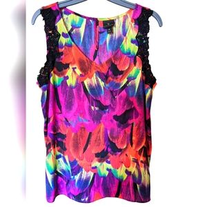 Worthington Y2K bright neon colorful sleeveless black laced blouse. EUC